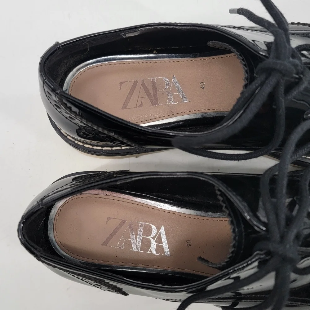 Zara Black Patent Leather Platform Oxford Derby Creepers Size 40 Dark Academia